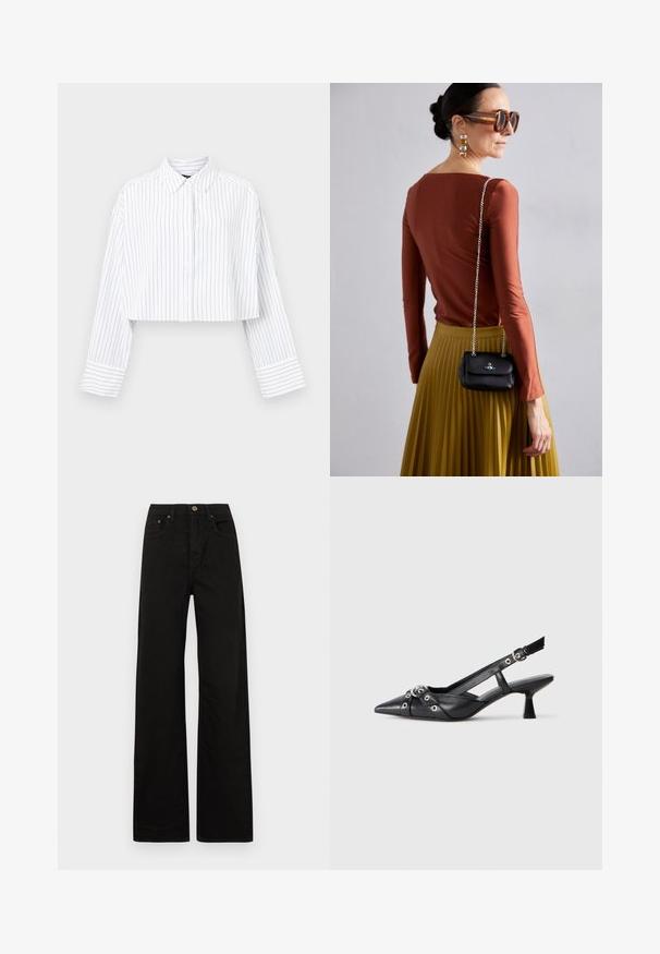 Gekürztes weißes Hemd mit vertikalen marineblauen Streifen, geknöpfter Front, spitzem Kragen und breiten Manschetten. Hergestellt aus leichtem, glattem Stoff.; Schwarze weit geschnittene Jeans aus robustem Stoff. Mit einem Frontknopfverschluss, Gürtelschlaufen und zwei vorderen Taschen. Glatte, einheitliche Textur.; Schwarzer Leder-Slingback-Schuh mit spitz zulaufender Zehenpartie, dekorativen Riemen mit METALLÖSEN und niedrigem Blockabsatz. Strukturelle Oberfläche.; Vivienne Westwood SMALL PURSE CHAIN - Umhängetasche - black