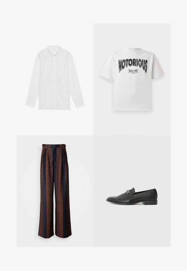 Chemise blanche à boutons avec de fines rayures verticales noires, dotée d'un col classique et de manches longues avec des poignets à boutons.; T-shirt en coton blanc à manches courtes, avec un texte graphique audacieux en noir "NOTORIOUS" et un design "WORLD TOUR 1990" en dessous dans une impression vieillie.; Pantalons larges en tissu bleu foncé avec un motif géométrique orange complexe, dotés d'un front plissé et d'une ceinture ajustée.; Mocassin en cuir noir avec une finition lisse, présentant un design cousu et une accent décoratif en chaîne métallique sur le rand. Talon plat.