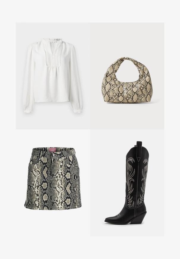 Bela bluza z dolgimi rokavi z nabranim ovratnikom, nabrano prednjo obdelavo in elastičnimi manšeti. Mehka tkanina z rahlo teksturirano površino.; Oblikovana krila v bež in črnem vzorcu kačjega usnja, z gumbom za zapiranje, zanke za pas in štirimi funkcionalnimi žepi.; Črne usnjene kavbojske čevlje s koničastimi prsti, klinastimi petami in srebrnimi vezeninami cvetnega vzorca po vsej dolžini. Kontrastno šivanje povsod.; Torba z vzorom kače s ukrivljenim ročajem. Narejena iz teksturiranih, bež in rjavih materialov, ki imajo značilen diamante vzorec.