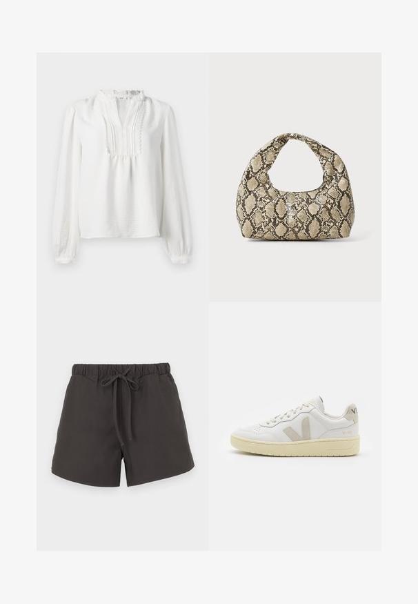 White long-sleeve blouse with a ruffled neckline, pleated front detail, and elasticized cuffs. Soft fabric with a slightly textured finish.; Dark gray cotton shorts with an elastic waistband, adjustable drawstring, and a loose fit. Smooth texture with no visible patterns or embellishments.; White leather sneaker with beige suede accents, perforated toe box, flat laces, and a textured cream sole. Features subtle branding on heel.; Snake-print handbag with a curved handle. Made from textured, beige and brown materials, featuring a distinctive diamond pattern.