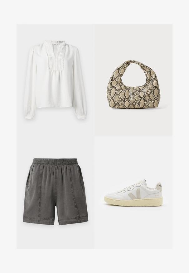 White long-sleeve blouse with a ruffled neckline, pleated front detail, and elasticized cuffs. Soft fabric with a slightly textured finish.; Gray, cotton blend shorts with an elastic waistband, side pockets, and stitched detailing along the seams. Soft texture and casual fit.; White leather sneaker with beige suede accents, perforated toe box, flat laces, and a textured cream sole. Features subtle branding on heel.; Snake-print handbag with a curved handle. Made from textured, beige and brown materials, featuring a distinctive diamond pattern.