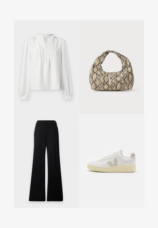 Biała bluzka z długim rękawem, z falbaniastym dekoltem, plisowanym przodem i elastycznymi mankietami. Miękka tkanina o lekko teksturowanym wykończeniu.; Czarne spodnie szerokie w nogawkach z wysokim stanem i ozdobnymi guzikami wzdłuż górnych szwów bocznych, prezentowane na białym tle.; Białe skórzane trampki z beżowymi zamszowymi akcentami, perforowanym noskiem, płaskimi sznurowadłami i teksturowaną kremową podeszwą. Posiadają subtelne logo na pięcie.; Torebka w wężowy wzór z zakrzywionym uchwytem. Wykonana z teksturowanych, beżowych i brązowych materiałów, z charakterystycznym wzorem w diamenty.