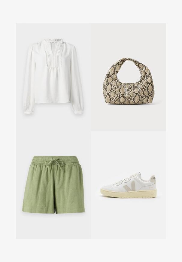 Bílá halenka s dlouhým rukávem a volánkovým výstřihem, s plisovaným předním detailem a elastickými manžetami. Měkká tkanina s mírně strukturovaným povrchem.; Světle zelené bavlněné šortky s elastickým pasem a šňůrkou. Mají boční kapsy a texturovaný povrch látky.; Bílé kožené tenisky s béžovými semišovými akcenty, perforovanou špičkou, plochými tkaničkami a strukturovanou krémovou podešví. Obsahují jemné logo na patě.; Kabelka s hadím vzorem a zakřiveným držadlem. Vyrobena z texturovaných béžových a hnědých materiálů, s charakteristickým diamantovým vzorem.