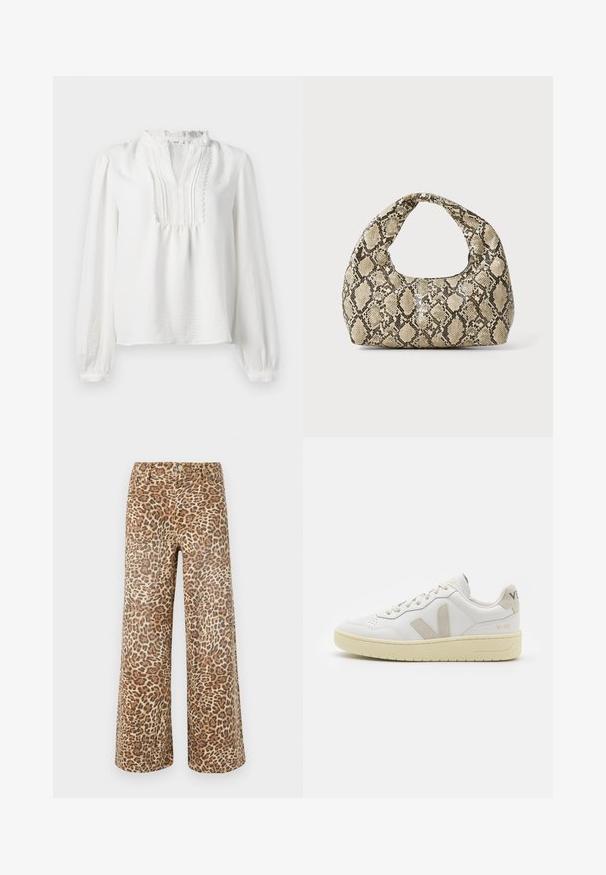 Vit långärmad blus med volangkrage, veckad frontdetalj och elastiska ärmslut. Mjuk tyg med en något strukturerad yta.; Leopardmönstrade byxor med vida ben i beige och bruna nyanser, med klassisk midja, knappstängning och femficksdesign.; Vita lädersneakers med beige mockadetaljer, perforerad tåbox, platta snören och en texturerad krämfärgad sula. Har diskret varumärkning på hälen.; Väskan i ormtryck har ett böjt handtag. Den är tillverkad av strukturerade, beige och bruna material och har ett distinkt diamantsmönster.