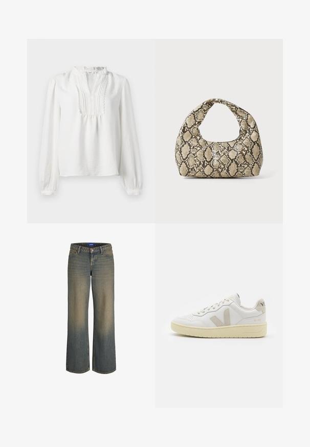 Vit långärmad blus med volangkrage, veckad frontdetalj och elastiska ärmslut. Mjuk tyg med en något strukturerad yta.; Breda blå denimjeans med ett ljust till mörkt gradient, femficksdesign och knäppning med knapp. Sytt detaljarbete på kanterna.; Vita lädersneakers med beige mockadetaljer, perforerad tåbox, platta snören och en texturerad krämfärgad sula. Har diskret varumärkning på hälen.; Väskan i ormtryck har ett böjt handtag. Den är tillverkad av strukturerade, beige och bruna material och har ett distinkt diamantsmönster.