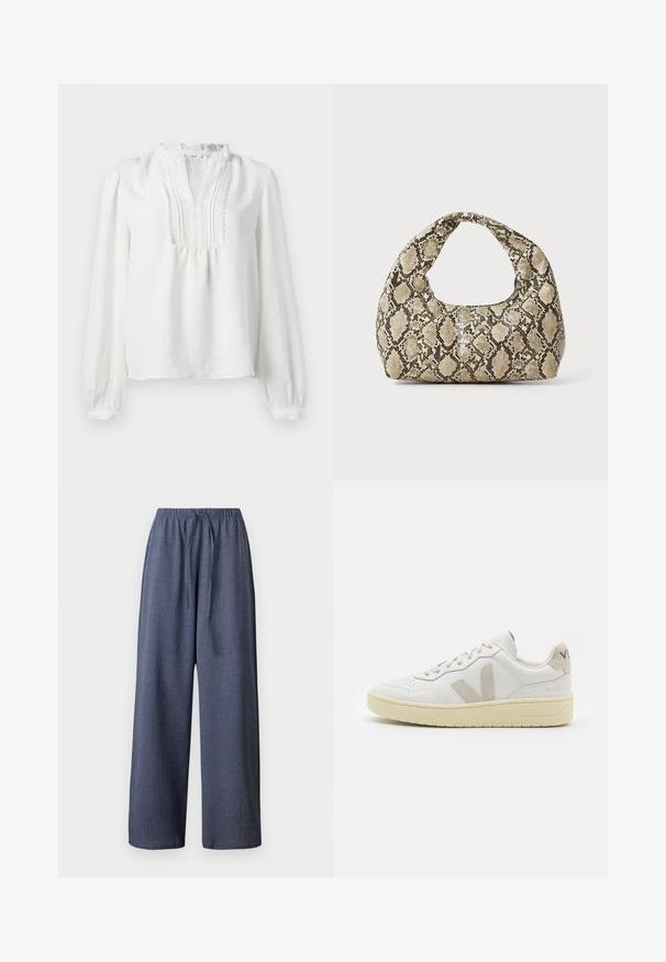Bela bluza z dolgimi rokavi z nabranim ovratnikom, nabrano prednjo obdelavo in elastičnimi manšeti. Mehka tkanina z rahlo teksturirano površino.; Široke hlače v mornarsko modri barvi, ki imajo teksturirano tkanino, elastičen pas in nastavljivo vrvico. Žepi niso vidni.; Bela usnjena tenisača z bež semiš poudarki, perforiranim prednjim delom, ravnimi vezalkami in strukturiranim kremnim podplatom. Ima diskretno blagovno znamko na peti.; Torba z vzorom kače s ukrivljenim ročajem. Narejena iz teksturiranih, bež in rjavih materialov, ki imajo značilen diamante vzorec.