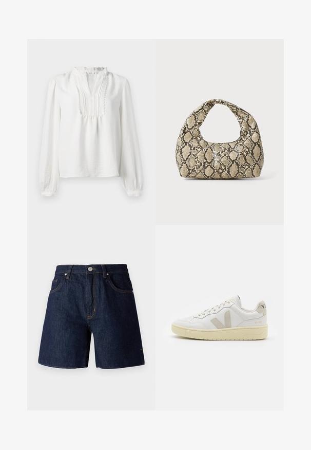 Blusa branca de manga longa com decote franzido, detalhe frontal plissado e punhos elásticos. Tecido suave com um acabamento ligeiramente texturado.; Calções de ganga em azul-escuro com costura laranja em contraste. Apresenta cinco bolsos, fecho de botão e um design de perna reta.; Sapatilha de couro branca com detalhes em camurça bege, biqueira perfurada, atacadores planos e sola texturizada creme. Apresenta uma marcação subtil no calcanhar.; Bolsa com padrão de pele de cobra e uma alça curva. Feita de materiais texturizados em bege e castanho, apresentando um padrão de diamante distintivo.