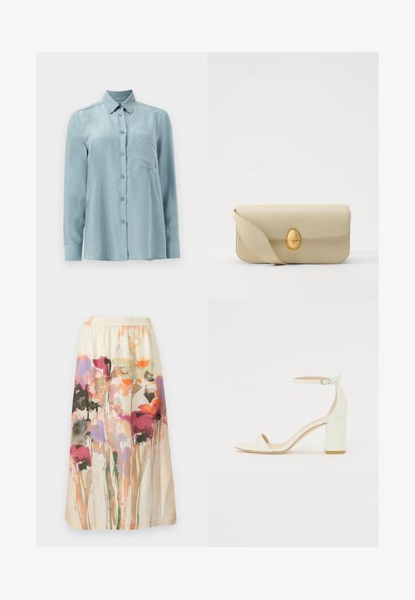 Svetlo modrá košeľa s dlhým rukávom vyrobená z hladkej tkaniny, s gombíkovým zapínaním, golierom a jedným vreckom na hrudi.; Sukňa s kvetinovým vzorom na smotanovom pozadí; obsahuje farebné, abstraktné kvety v ružovej, fialovej a oranžovej farbe; elastický pás.; Biele kožené sandále na blokovom podpätku s remienkom okolo členku a minimalistickým dizajnom. Otvorená špička a hladké textúry po celom povrchu.; Béžová kožená kabelka s hladkou textúrou, obdlžnikovým tvarom a zlatým oválnym zapínaním. Má dlhý, nastaviteľný popruh.