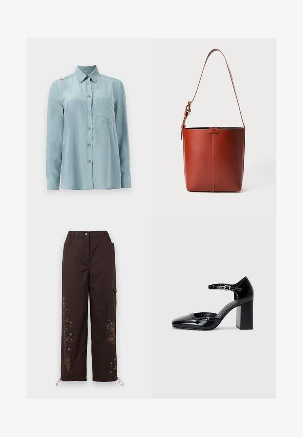 Chemise à manches longues bleu clair en tissu lisse, avec un front à boutons, un col et une poche poitrine simple.; Pantalons larges bruns avec des motifs brodés d'étoiles et de poissons. Comprend une taille élastique, deux poches latérales et des liens réglables aux chevilles.; Chaussures à talons hauts en cuir verni noir avec un bout carré, une bride de cheville et un talon épais. Comprend des détails perforés le long du bord.; Sac seau en cuir brun avec bandoulière réglable et boucle en ton doré, détail de couture verticale simple à l'avant.