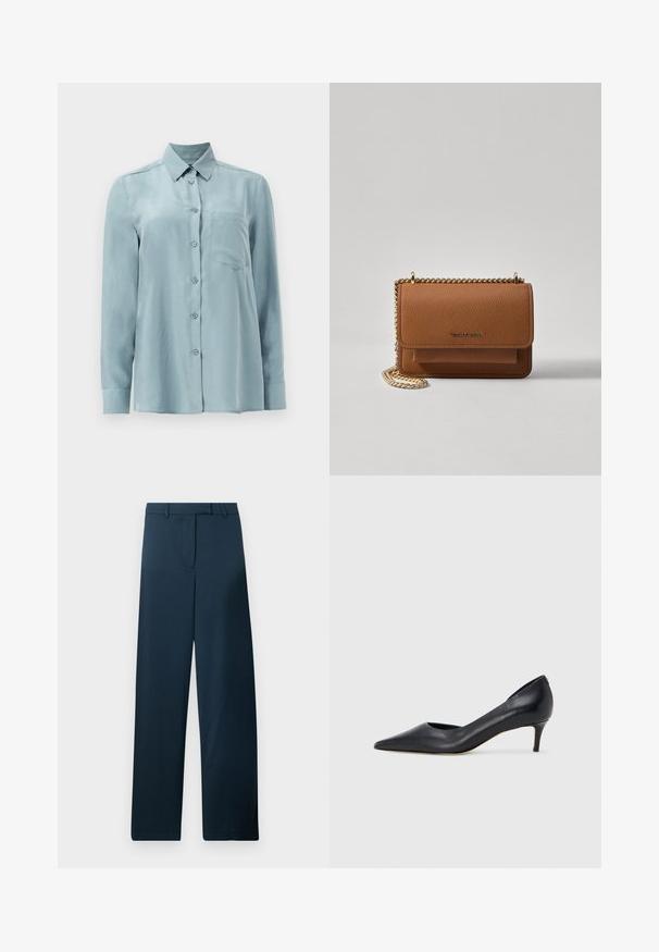 Svetlo modrá košeľa s dlhým rukávom vyrobená z hladkej tkaniny, s gombíkovým zapínaním, golierom a jedným vreckom na hrudi.; Tmavomodré nohavice širokého strihu s hladkou textúrou, plochým predným dielom a pútkami na opasok. Dispozícia minimalizmu bez viditeľných vzorov či akcentov.; Čierny kožený lodička s špičatou špičkou a nízkym opätkom. Má hladkú textúru a jemný lesk. Vpredu je otvorený výrez pre zvýraznenie detailu.; Hnedá textúrovaná kožená taška cez telo s zlatým reťazovým popruhom a preklopným uzáverom. Predná strana obsahuje detail s logom a vrecko pod preklopkou.