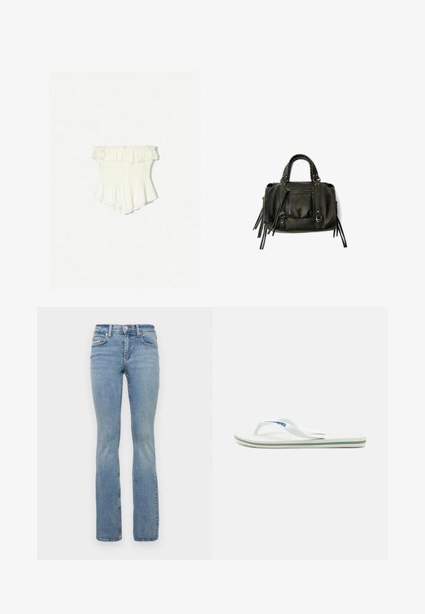 White off-the-shoulder top with ruffled edges, smocked bodice, flared hem, and lightweight fabric featuring a subtle texture.; Light blue denim flared jeans with a mid-rise waist, featuring five-pocket design, belt loops, and subtle fading on the thighs.; White flip-flop with a textured footbed, slim straps, and a multicolored accent line on the sole. Features logo on the strap.; Black leather handbag with braided handles, zipper pocket, and hanging tassels. Textured surface with metal studs and hardware accents.