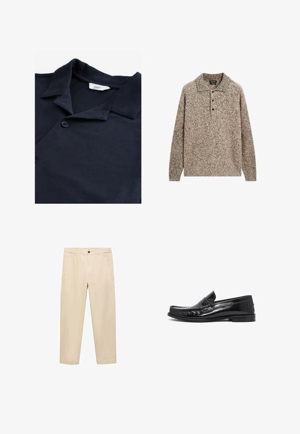 Polo shirt navy in tessuto testurizzato, con patta con bottoni, colletto corto e un piccolo etichetta del marchio vicino al collo.; Maglione con lavorazione a maglia testurizzata, dotato di scollatura con colletto, patta con cinque bottoni e in una tonalità di marrone neutro con sfumature variabili.; Pantaloni beige casual realizzati in un tessuto morbido; presentano una cintura elastica, tasche frontali e una vestibilità dritta.; Mocassini in pelle nera con un design elegante, punta testurizzata e cuciture decorative. Suola piatta con una finitura lucida e accenti minimi.