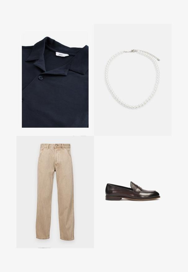 Jūrinės spalvos polo marškiniai, pagaminti iš tekstūruotos medžiagos, su sagų užsegimu, trumpu apykakle ir maža prekių ženklo etikete šalia kaklo.; Smėlio spalvos džinsai su tiesia kojų siluetu, turintys priekinę kišenę, metalinį mygtuką ir subtilią tekstūrą.; Tamsiai rudos odos loaferiai su apvaliu pirštu, pakeltu siuvimo detalėmis ir nedideliu kulnu. Lygi tekstūra ir klasikinis dizainas.; Balta perlų kaklo grandinėlė, su vienodai apvalia forma, lygiu paviršiumi ir metaline sagtimi su ilginimo grandinėle, leidžiančia reguliuoti ilgį.