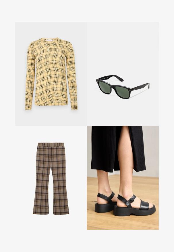 Rabanne - Bluzka z długim rękawem; Kratkowane spodnie z tkaniny, w kolorze jasnobeżowym z ciemnoniebieskimi i brązowymi kratkami, z rozszerzanymi nogawkami i elastyczną talią.; Czarne skórzane sandały na platformie z regulowanymi paskami wokół kostki i szerokimi paskami z przodu, z teksturowaną podeszwą i minimalistycznym wzornictwem.; Czarne plastikowe okulary przeciwsłoneczne z zielonymi szkłami, kwadratowe oprawki, srebrny akcent na brwi oraz fakturowane ramiona temple. Nazwa marki podana na wewnętrznej stronie ramion.