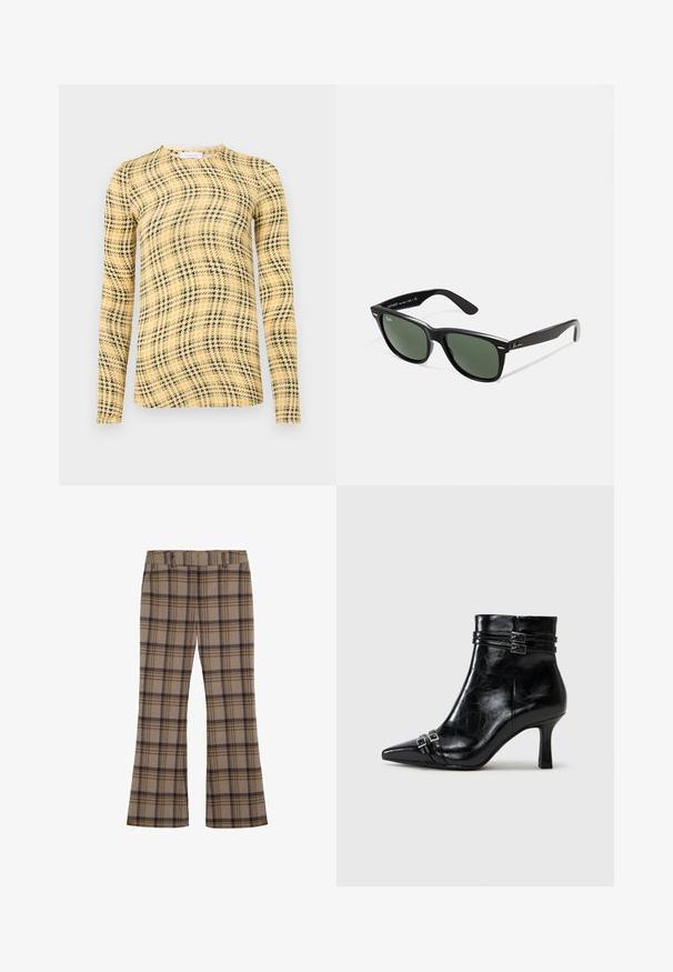 Rabanne T-shirt à manches longues - green/yellow/cream; Pantalons à carreaux en tissu, avec une base beige et des carreaux bleu foncé et marron, jambes évasées, et une taille élastique.; Tamaris Bottines compensées - black; Lunettes de soleil en plastique noir avec verres verts, monture carrée, accent argenté sur le sourcil et branches texturées. Marque indiquée sur l'intérieur de la branche.