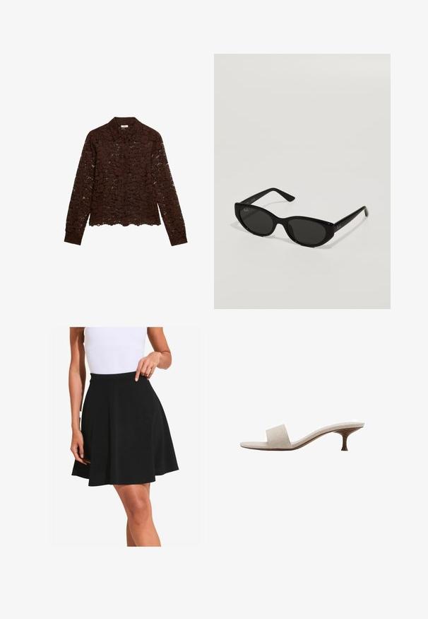 Blouse en dentelle marron à manches longues, motif floral, fermeture à boutons et col. Texture transparente, ourlet court et design floral détaillé.; Jupe évasée noire en tissu doux avec une texture lisse et une taille large, présentée avec de doux plis et une coupe au genou.; Sandale sans talon avec une tige en tissu tissé beige, bout ouvert et semelle intermédiaire en bois courbé. Le design présente une texture lisse et une forme minimaliste.; Lunettes de soleil noires avec une forme étroite et en œil de chat. Fabriquées en plastique lisse, elles présentent des verres foncés et de subtils accents de logo sur les branches.; Sac fourre-tout en paille tissée avec une texture tressée, anses et base en cuir marron foncé, forme circulaire large et design ouvert en haut.; Barrette blanche en forme de fleur avec un dégradé jaune clair, dotée d'un mécanisme à ressort et d'une texture en plastique lisse.