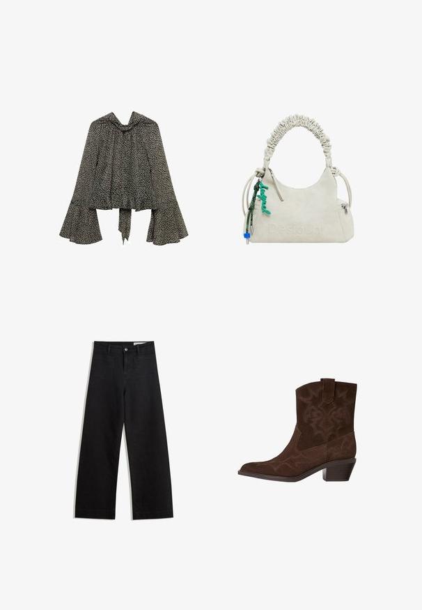 Czarna i biała bluzka w kwiaty z wysokim kołnierzem, rozkloszowanymi rękawami i wiązaniem w talii, wykonana z lekkiego materiału.; Czarne dżinsowe spodnie o szerokich nogawkach i wysokim stanie, z przednimi i tylnymi kieszeniami, przeszyciami oraz zapięciem na guziki. Gładka struktura.; Brązowy zamszowy but kowbojski z wąskim noskiem, ozdobnymi wzorami przeszyć, wysokością do kostki oraz klinowym obcasem. Posiada uchwyt ułatwiający zakładanie.; Niemrawa torebka z sztucznej skóry w kolorze off-white z marszczonym uchwytem, zamkiem błyskawicznym oraz zielonym charms. Gładka tekstura, dyskretny wytłoczony logo i elegancki design.