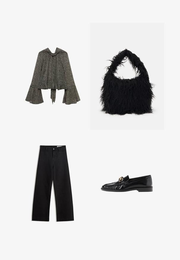 Zwart-witte bloemenblouse met een hoge hals, uitlopende mouwen en een strik in de taille, gemaakt van lichte stof.; Zwarte denim broek met wijde pijpen en een hoge taille, voorzien van voor- en achterzakken, gestikte naden en een knoopsluiting. Gladde textuur.; Zwarte lederen instapper met een ronde neus, geplooide textuur en gouden hardware-accent. Platte hak en een gladde afwerking overal.; Even&Odd Shopper - black