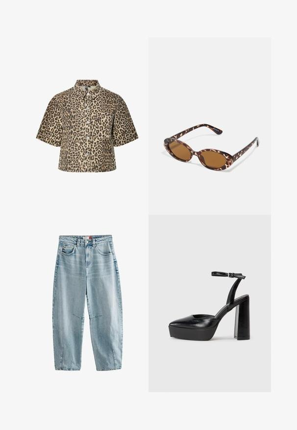 Camasa scurtă, cu imprimeu leopar, având mâneci scurte, două buzunare pe piept și guler clasic. Țesătura are o textură netedă.; Jeans din denim de culoare bleu deschis, cu talie înaltă, croială lejeră, două buzunare frontale, decolorare subtilă și deschideri laterale la tiv.; Pantofi cu toc platformă negri, cu vârful ascuțit și curea reglabilă la gleznă. Confecționați din piele netedă, având un toc gros.; Ochelari de soare cu mâneri tortoise, cu lentile ovale, cu nuanță maro, brațe subțiri ce au un model texturat, cadru din plastic ușor.; Geantă din piele maro, tip crossbody, cu o formă curbată, accesorii aurii și un accent cu cataramă. Dispune de un curea de umăr detașabilă.