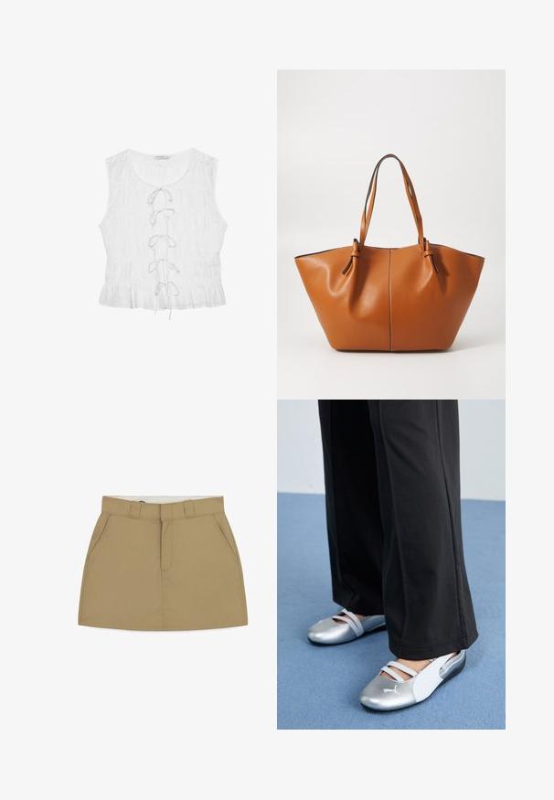 Valkoinen hihaton toppi, jossa on teksturoitu kangas. Siinä on avara kaula-aukko ja edessä nauhoitus, jonka siteet ovat löysät. Rypytetty helma.; Hame khaki dengan pinggang yang pas, lubang ikat pinggang, dua saku samping, dan ritsleting depan. Terbuat dari kain yang halus dan terstruktur dengan tampilan yang bersih.; Hopeiset ja valkoiset litteät kengät, joissa on ristikkäin kulkevat hihnat ja tekstuuri, täydentävät löysiä mustia housuja. Taustalla sininen lattia.; Ruskea nahkainen olkalaukku, jossa on leveä ja kulmikas muoto; siinä on kaksi pitkää kahvaa ja erikoisväriset saumat reunojen ympäri.