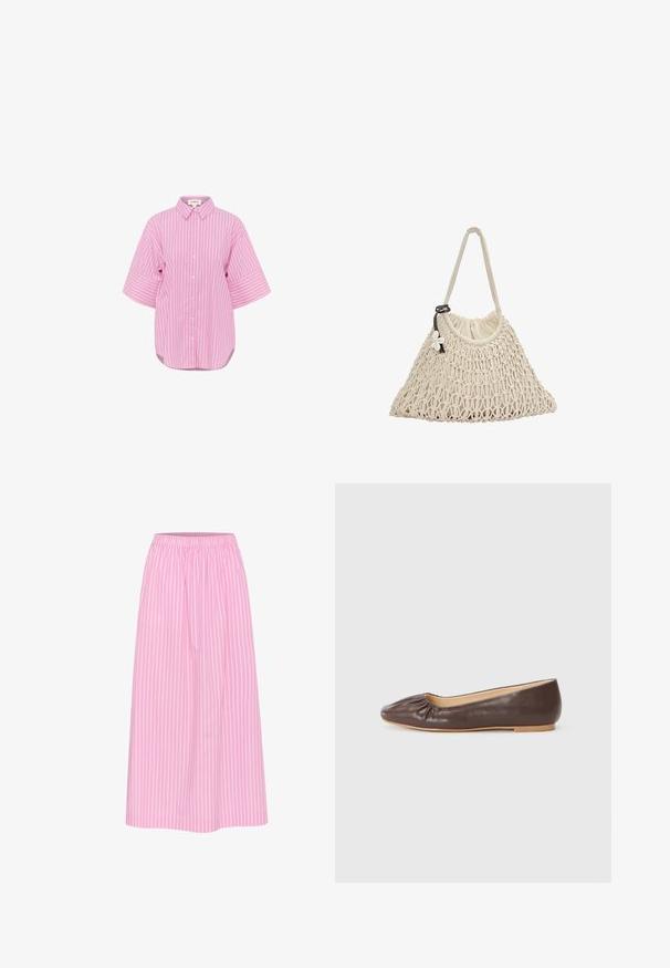 Lyserød skjorte med hvide lodrette striber, korte brede ærmer og en buet kant. Lavet af bomuldsstof, klassisk krave og afslappet pasform.; ONLY ONLLINA - Top - chocolate brown; Lyserød stribet nederdel med elastisk talje, midi-længde og letvægtsstof. Har lodrette hvide striber for et klassisk look.; Brune læder balletflade med en afrundet tå, rynket detaljer foran, og en flad, lysfarvet sål.; Nettet håndtaske i cremefarve, med en blød stofforing og et håndtag, pyntet med en blomstret accent og en snørelukning.