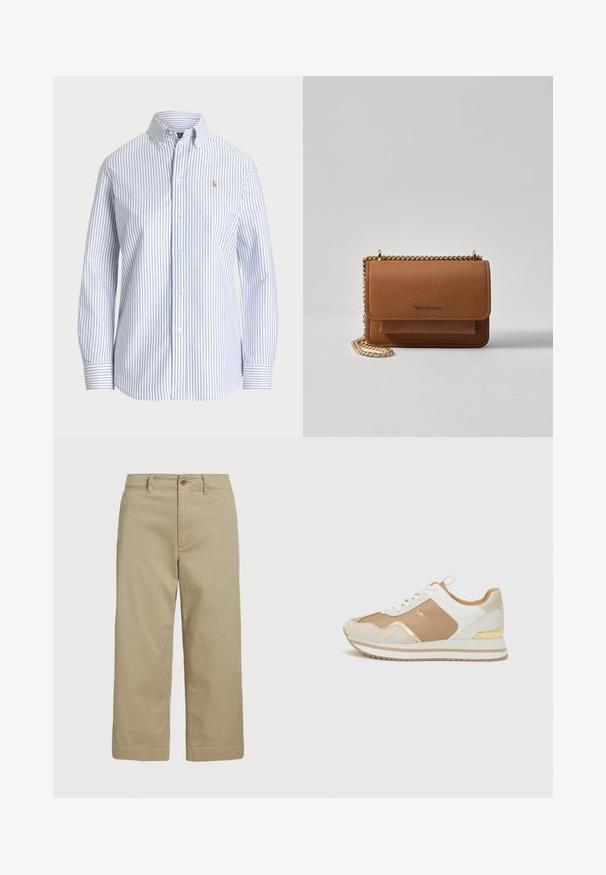 Valkoiset ja vaaleansiniset raidalliset nappikauluspaita. Ominaisuuksiin kuuluu klassinen kaulus, pitkät hihat ja pieni brodeerattu logo rinnassa.; Beige puuvillahousut suoralla leikkauksella, joissa on nappikiinnitys ja sivutaskut, viimeistelty siisteillä reunoilla ja sileällä pinnalla.; Valkoinen ja beige lenkkari kultaisilla yksityiskohdilla, tekstiilipinnalla ja sileällä nahalla. Ominaisuuksia ovat paksu pohja ja nauhoitusdesign.; Ruskean teksturoidun nahkasta valmistettu crossbody-laukku, jossa on kultaketjuhihna ja läppäkiinnitys. Edessä on logodetail ja tasku läppäisen alla.