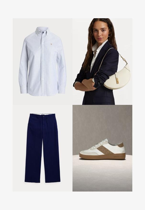 Csíkos gombos ing világoskék és fehér színben. Klasszikus gallérral, hosszú ujjakkal és egy kis hímzett logóval a mellkasán rendelkezik.; Sötétkék egyenes szárú nadrág övgyűrűkkel, gombos zárással és oldalsó zsebekkel egy sima világos háttér előtt.; Fehér sportcipő világos bézs színű velúr részletekkel, mintás oldalsó csíkkal, kerek orral, fehér fűzővel és barna gumitalppal. Márkajelzés a saroknál.; Fehér bőr táska ívelt formával, arany kiegészítőkkel és texturált felülettel, sötét zakó és fehér ing fölött viselve.