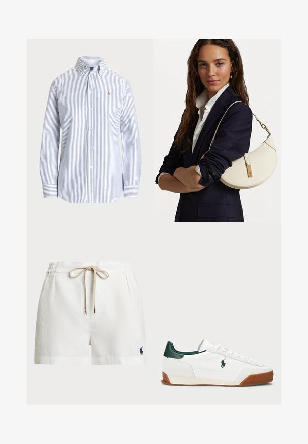 Striped button-up shirt in light blue and white. Features a classic collar, long sleeves, and a small embroidered logo on the chest.; White linen shorts with an elastic waistband, beige drawstring, and small navy logo on the left side. Features relaxed fit and side pockets.; White sneaker with green leather accents and a tan rubber sole. Features a fabric body and a prominent logo on the side. Laced design.; White leather handbag with a curved shape, gold hardware, and a textured finish, worn over a dark blazer and white shirt.