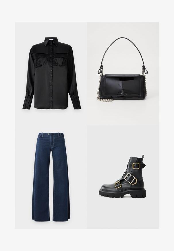Camisa de satén negra con botones, de manga larga, dos bolsillos en el pecho, cuello puntiagudo y detalles de puño con un solo botón. Textura suave.; Jeans de pierna ancha en azul oscuro con costuras visibles, bolsillos delanteros y cierre de botón. Hechos de una tela de denim resistente.; Bota de cuero negro con suela gruesa, que presenta múltiples correas y detalles en dorado. Textura suave, diseño robusto.; Bolso de mano de charol negro con forma rectangular, correa de cadena y un acento de hardware distintivo en el centro. Textura suave.