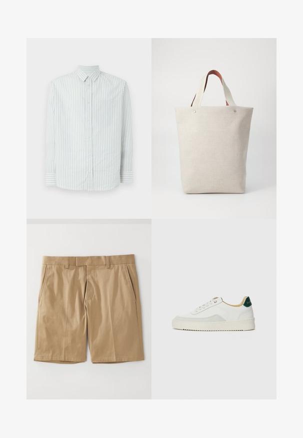 Košile na knoflíky s světle modro-bílým pruhovaným vzorem. Obsahuje límec, dlouhé rukávy a kapsu na levé straně.; Khaki šortky s hladkou tkanou strukturou, vybavené dvěma bočními kapsami a rovný střih, navržené s plochým páskem a poutky na opasek.; Bílé tenisky se semišovými prvky, kulatou špičkou, plochými tkaničkami a krémovou gumovou podrážkou. Na patě mají zelené logo.; Tote taška ze světle béžové látky s texturovaným povrchem, která má dvě kontrastní hnědé kožené ucha a kovové detaily nahoře.