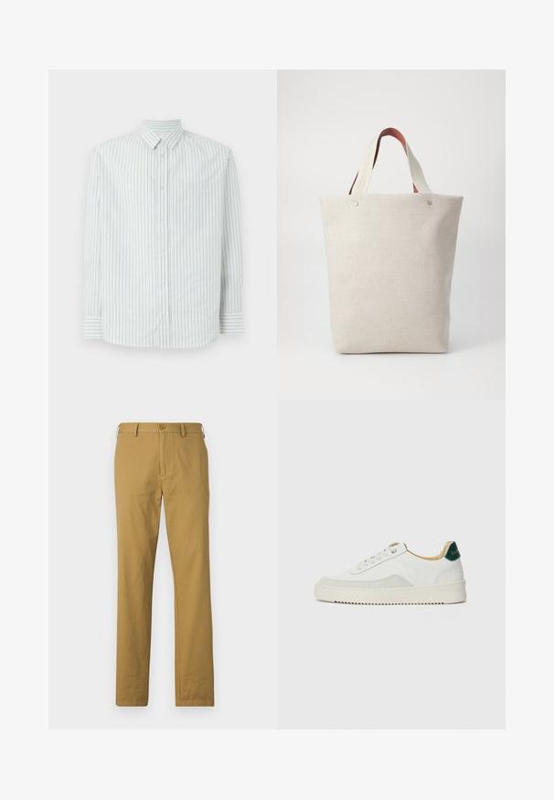 Mygtukų marškiniai su šviesiai mėlyna ir balta dryžuota raštu. Įrengtas apykaklė, ilgos rankovės ir kišenė kairėje pusėje.; Bežiniai medvilniniai kelnės tiesiu siluetu, su priekinėmis kišenėmis ir mygtuko uždarymu. Lygi tekstūra ir minimalus dizainas, matomų raštų nėra.; Baltos sportbačiai su zomšos akcentais, apvaliu nosiu, plokščiais raišteliais ir kreminės spalvos guminiu padu. Ant kulno yra žalia ženklinimo detalė.; Šviesiai smėlinė audinio delninė su tekstūriniu paviršiumi, turinti du kontrastingus rudos odos rankenėles ir metalinius akcentus viršuje.