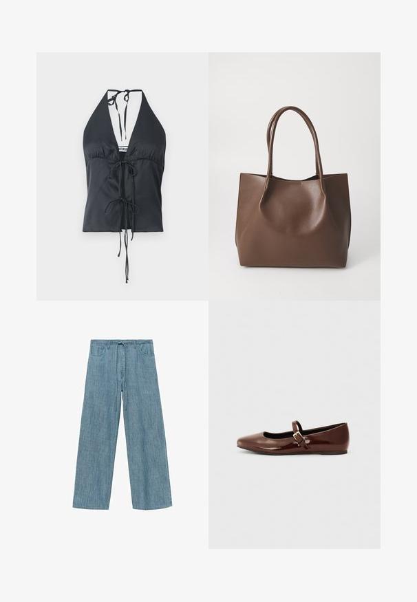 Black halter top made of smooth fabric, featuring a deep V-neck, gathered front, and adjustable tie closures on the neck and waist.; Light blue striped wide-leg pants with a drawstring waist, featuring two front pockets and a soft, textured fabric.; Brown patent leather ballet flat with a square toe and strap featuring a small gold buckle. Smooth texture, low heel, and minimalist design.; Brown leather tote bag with two long handles, structured shape, smooth texture, and minimalistic design. No visible hardware or accents.