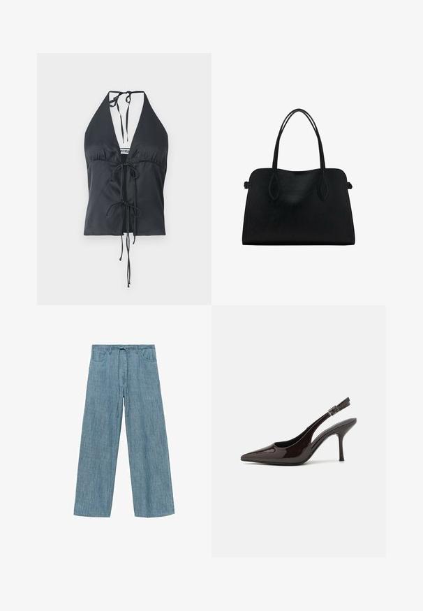 Black halter top made of smooth fabric, featuring a deep V-neck, gathered front, and adjustable tie closures on the neck and waist.; Light blue striped wide-leg pants with a drawstring waist, featuring two front pockets and a soft, textured fabric.; Slingback high-heeled shoe in glossy dark brown patent leather, pointed toe, open sides, and adjustable ankle strap.; Black leather handbag with dual shoulder straps, rectangular shape, and minimalistic design on a white background.