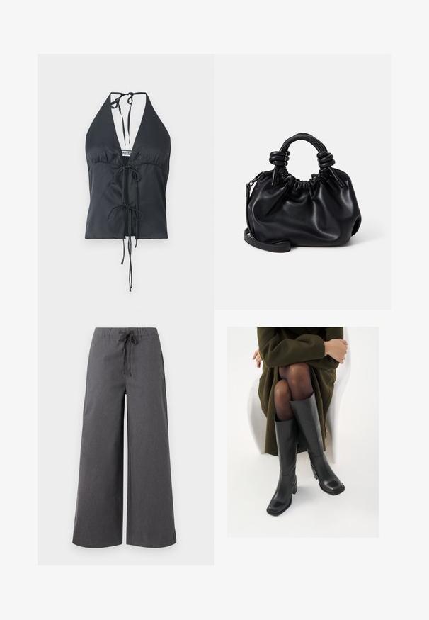 Top negro tipo halter hecho de tela suave, con un escote en V profundo, un frente drapeado y cierres ajustables en el cuello y la cintura.; Pantalones de pierna ancha en gris oscuro, hechos de una tela suave, con una cintura elástica y cordón, y detalles de costura mínimos.; Botas de cuero negro hasta la rodilla con puntera cuadrada y tacón de bloque, presentadas con un modelo sentado en un abrigo verde oliva. Textura suave, mínimo detalle.; Bolso de cuero negro con un diseño fruncido, asas redondeadas cortas y una correa de hombro desmontable. Textura suave con una silueta blanda.