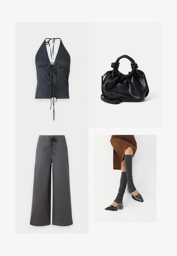 Black halter top made of smooth fabric, featuring a deep V-neck, gathered front, and adjustable tie closures on the neck and waist.; Wide-leg, dark gray pants made from a soft fabric, featuring an elastic waistband with a drawstring, and minimal stitching details.; Black patent leather pointed-toe shoes with a block heel and ankle strap, paired with gray ribbed leg warmers and a brown suede skirt.; Black leather handbag with a gathered design, short rounded handles, and a detachable shoulder strap. Smooth texture with a soft silhouette.