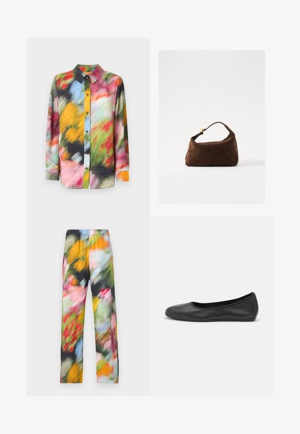 Košile s dlouhým rukávem, která má živý, abstraktní, vícebarevný vzor, s límečkem a zapínáním na knoflíky, vyrobená z lehkého materiálu.; Květinové, lehké kalhoty s elastickým pasem, představující směs živých barev včetně růžové, žluté, zelené a modré.; Černé kožené baletní byty s kulatou špičkou, hladkou texturou, minimálními švy a flexibilním designem podrážky.; Hnědá semišová kabelka s zakřiveným tvarem, krátkým držadlem a zlatými kovovými doplňky. Hladká textura a minimalistický design.