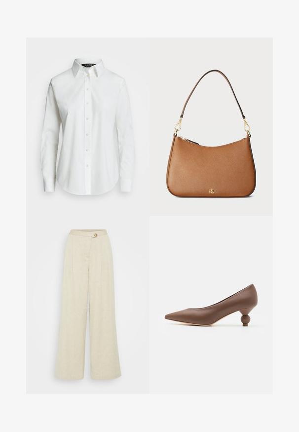 Biela košeľa s dlhým rukávom na gombíky vyrobená z bavlny. Obsahuje klasický golier, sedem gombíkov a jemné logo vyšitý na hrudi.; Kostrové nohavice so širokými nohavicami vyrobené z béžovej ľanu, s predným zapínaním na gombík, s plisami a hladkým povrchom.; Hnedé kožené lodičky s špicatou špičkou a unikátnym zaobleným guľatým opätkom. Hladká textúra, elegantný dizajn a minimalistické detaily.; Hnedá kožená kabelka s textúrovaným povrchom a zakriveným tvarom, zlatými detailmi a jedným ramenným popruhom. Obsahuje zipsové uzatvorenie a detail loga.