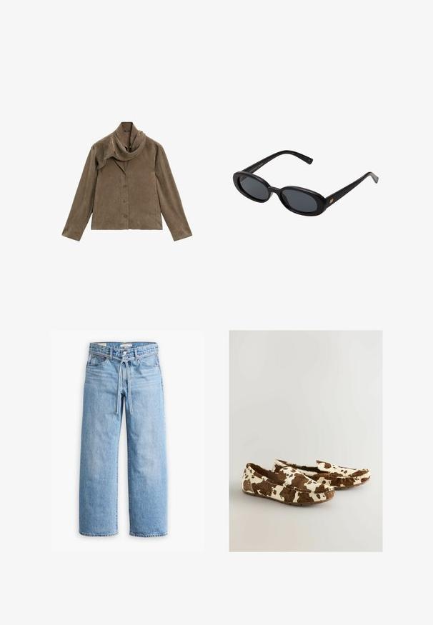Braune Wildlederjacke mit schulterfreiem Kragen, langen Ärmeln und vorderem Knopfverschluss. Weiche Textur und gerader Schnitt.; Hellblaue Jeans im weiten Schnitt mit hoher Taille, Knopf- und Reißverschluss sowie einer Kordelzugdetails an der Taille. Roh geschnittener Saum.; Lederhausschuh mit Kuhflecken, aus weichem Material gefertigt, mit braun-weißen Mustern, im Slip-On-Design und flacher Gummisohle.; Schwarze, oversized Sonnenbrillen mit ovalen Gläsern, glattem Kunststoffrahmen und goldenen Akzenten an den Bügeln. Die dunklen Gläser bieten Sonnenschutz.; Grau Wildleder Schultertasche mit einer geschwungenen, weichen Silhouette und einem breiten Träger. Verfügt über ein dezentes Logo, das auf der Vorderseite eingeprägt ist.