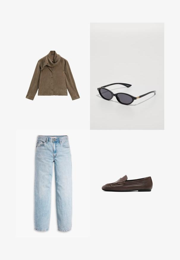 Brown suede jacket with a draped collar, long sleeves, and front button closure. Soft texture and straight cut design.; Levi's® BAGGY DAD - Relaxed fit jeans - fan flare; Brown leather moccasin-style flat shoe with a stitched accent on the upper and a smooth texture. Low-profile design with a flexible sole.; Black sunglasses with oval lenses, dark gradient tint, and slim arms featuring subtle gold accents. Smooth plastic finish.; Gray suede shoulder bag with a curved, soft silhouette and a wide strap. Features a subtle logo embossed on the front.