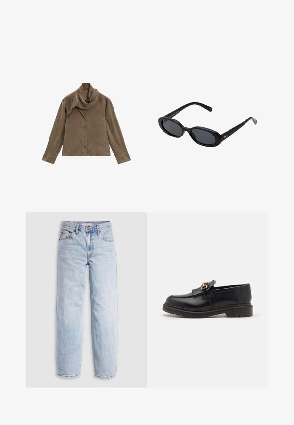 Veste en daim marron avec un col drapé, des manches longues et une fermeture à boutons sur le devant. Texture douce et design à coupe droite.; Jean en denim bleu clair avec une taille haute, une coupe décontractée, des jambes droites et un design classique à cinq poches. Détails visibles de décoloration et de coutures.; Mocassins en cuir noir avec un bout arrondi, des franges décoratives et des accents en métal doré. Semelle en caoutchouc épaisse pour une meilleure adhérence et durabilité.; Lunettes de soleil noires surdimensionnées avec des verres ovoïdes, monture en plastique lisse et accents dorés sur les tempes. Les verres sombres offrent une protection contre le soleil.; Sac à épaule en suédine grise avec une silhouette courbée et douce et une large bandoulière. Présente un logo subtil embossé sur le devant.