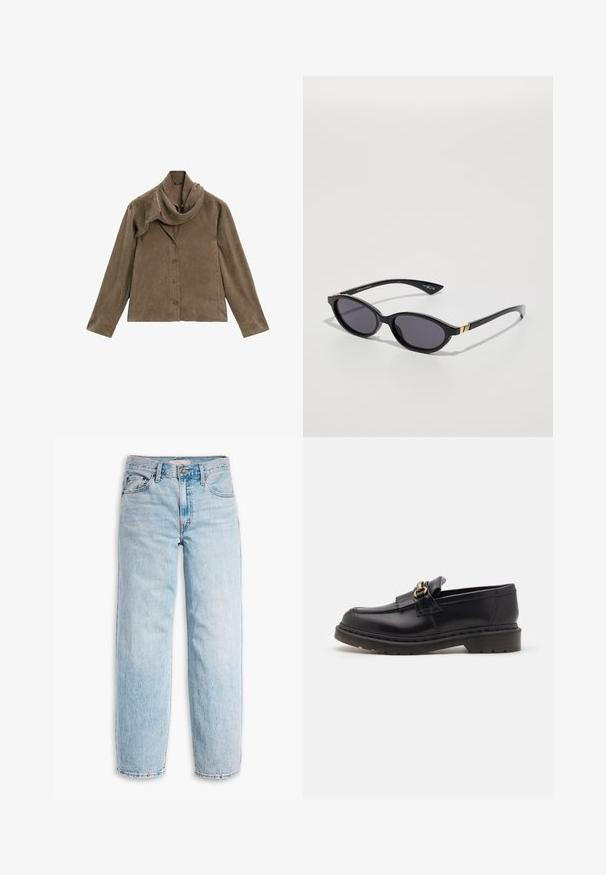 Veste en daim marron avec un col drapé, des manches longues et une fermeture à boutons sur le devant. Texture douce et design à coupe droite.; Levi's® BAGGY DAD - Jean boyfriend - fan flare; Mocassins en cuir noir avec un bout arrondi, des franges décoratives et des accents en métal doré. Semelle en caoutchouc épaisse pour une meilleure adhérence et durabilité.; Lunettes de soleil noires avec des lentilles ovales, teinte dégradée foncée et branches fines accentuées par des touches d'or subtiles. Fini en plastique lisse.; Sac à épaule en suédine grise avec une silhouette courbée et douce et une large bandoulière. Présente un logo subtil embossé sur le devant.