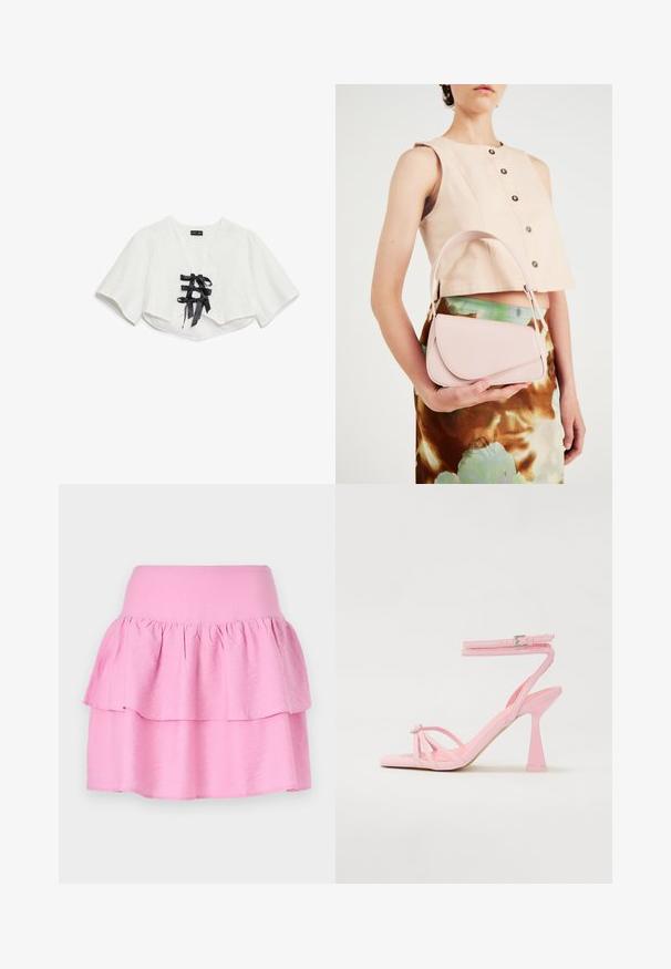 Bijeli kratki top s kratkim rukavima, s teksturiranim uzorkom, V-izrezom i tri crne satenske vrpce sprijeda.; Ružičasta suknja s višestrukim slojevima, širokim elastičnim pojasom i dva horizontalna volana. Napravljena od mekanog, laganog materijala. Glatka tekstura bez uzoraka.; Ružičaste sandale s visokom petom, s remenčićima i kopčanjem oko gležnja. Imaju ukrasni element na prstu i moderan, sužen dizajn pete.; Ružičasta kožna torba s zakrivljenim poklopcem, jednim remenom za rame i čistim linijama. Torba ima glatku teksturu i minimalistički dizajn.