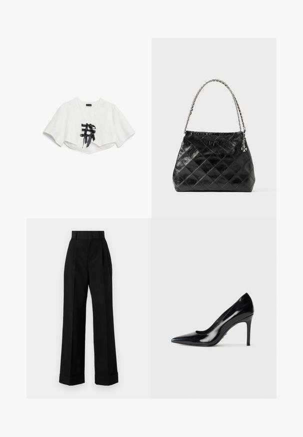 Top corto blanco con mangas cortas, que presenta un patrón texturizado, escote en V y tres lazos de satén negro en la parte delantera.; Pantalones negros de cintura alta hechos de algodón. Presentan un diseño de pierna ancha, pliegues y dobladillos enrollados. Textura suave, sin patrones ni herrajes visibles.; Zapato de tacón alto de charol negro con punta afilada y tacón de aguja delgada sobre fondo blanco liso.; Bolso de cuero negro acolchado con asa de cadena plateada, presenta un diseño estructurado y una textura suave.