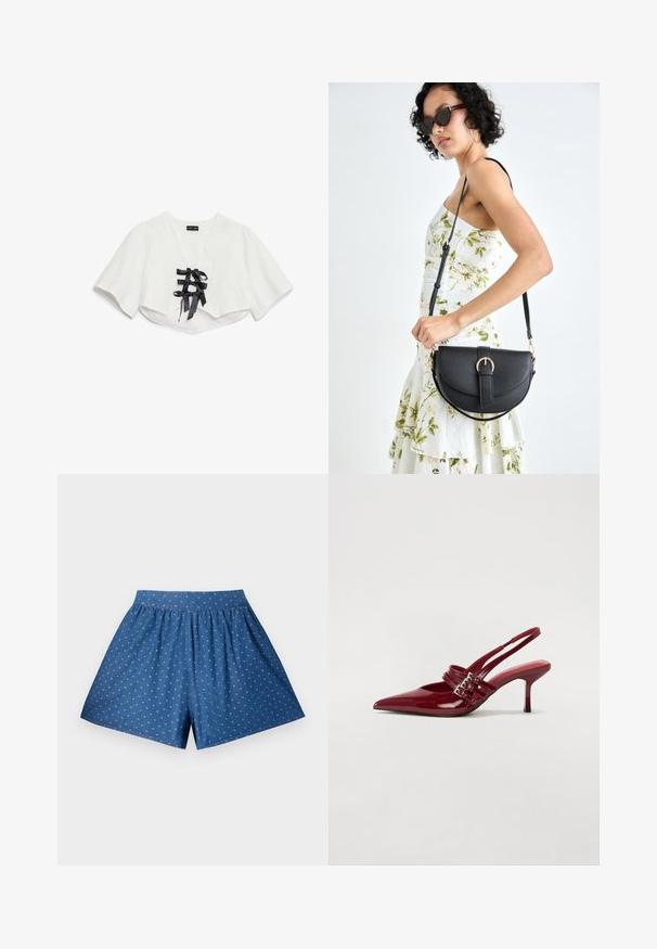 Balta trumpa palaidinė su trumpomis rankovėmis, turinti tekstūruotą raštą, V formos iškirptę ir tris juodas satino juosteles priekyje.; Mėlyni džinsiniai šortai su elastinga juosmens juosta ir baltais taškeliais. Savybės: laisvas pjūvis ir iki kelių siekiantis ilgis. Lygus paviršius.; Raudoni blizgūs odiniai bateliai su atviru kulnu, smailiu nosiu, dviem užsegimais ir plonu, vidutinio aukščio stiletto kulnu. Lygus paviršius.; Juodas odinis krepšys su išlenkta forma, nuimamu dirželiu ir auksiniais detalėmis. Krepšys turi kilpą su sagtimi.