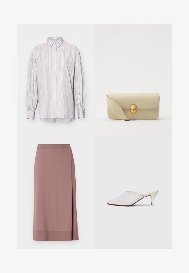 Camicia a righe dai colori chiari, con colletto classico, maniche lunghe a sbuffo e orlo posteriore leggermente più lungo.; Gonna rosa chiaro a lunghezza ginocchio in tessuto liscio con dettaglio di bottoni laterali. Presenta un design avvolgente e un orlo dritto con una finitura sottile.; Mule bianco in rete con punta appuntita, tacco medio sottile e design slip-on su uno sfondo semplice.; Borsa a tracolla in pelle beige con una superficie liscia, forma rettangolare e una chiusura ovale dorata. Dotata di una lunga tracolla regolabile.