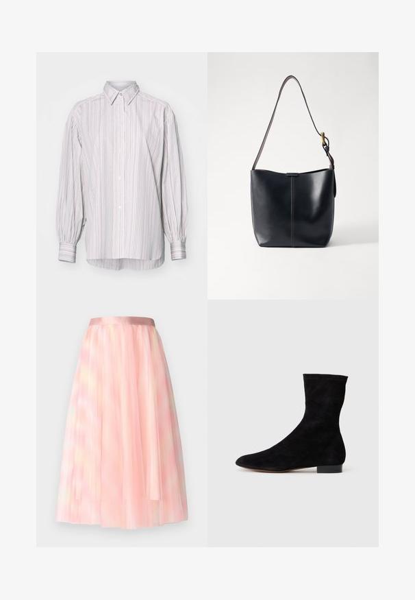 Chemise à rayures dans des couleurs claires, dotée d'un col classique, de manches longues bouffantes et d'un ourlet arrière légèrement plus long.; Ida Sjöstedt FLAWLESS SKIRT - Jupe trapèze - pink; Bottine en suede noir avec une tige ajustée, un bout pointu et un petit talon bloc. Texture lisse et design minimaliste, adaptée à un styling polyvalent.; Sac à épaule en cuir noir avec une texture lisse, doté d'une fine bandoulière longue et d'un discret détail cousu au centre.