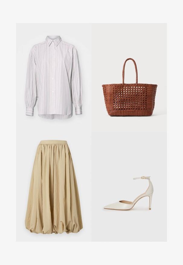 Pruhovaná košile na knoflíky v světlých barvách, s klasickým límcem, dlouhými nabíranými rukávy a mírně delším zadním lemem.; Béžová midi sukně s nařaseným pasem, lehkým materiálem a objemovým tvarem, která má texturovaný povrch a jemné záhybové detaily.; Bílé kožené lodičky na vysokém podpatku s špičatou špičkou, kotníkovým páskem a štíhlým jehlovým podpatkem. Hladká textura s mírným lesklým povrchem.; Tkaná hnědá taška přes rameno s otevřeným vzorem, obdélníkovým tvarem a dvěma pletenými držadly. Obsahuje pevný základ pro podporu.