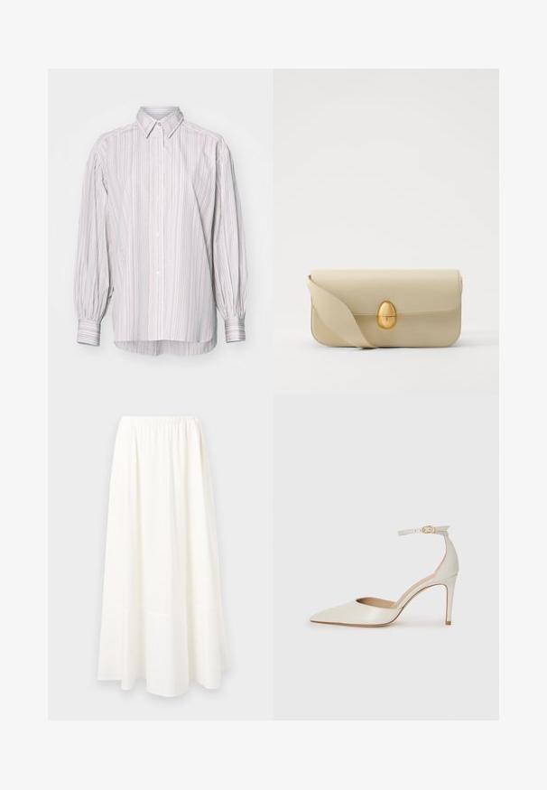 Stribet skjorte i lyse farver med klassisk krave, lange pufærmer og en lidt længere bagkant.; Hvid, ankel-lang nederdel lavet af let stof med en samlet elastisk talje og en udvidet kant, der har en glat tekstur.; Hvide læder højhælede sko med spids tå, ankelrem og en slank stiletto-hæl. Glat tekstur med subtilt glansfuld finish.; Beige læderhåndtaske med en glat tekstur, rektangulær form og en gylden oval lås. Har en lang, justerbar rem.