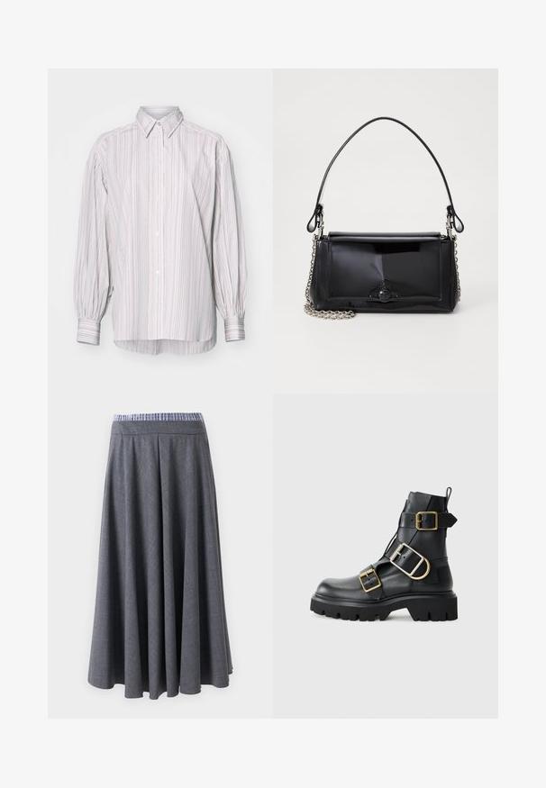 Chemise à rayures dans des couleurs claires, dotée d'un col classique, de manches longues bouffantes et d'un ourlet arrière légèrement plus long.; Pantalons taille haute, gris foncé, à jambes larges avec un motif à carreaux subtil et une taille rayée bleu et blanc, présentés suspendus sur un fond blanc.; Bottine noire en cuir avec semelle épaisse, dotée de multiples sangles et d'accents en métal doré. Texture lisse, design robuste.; Sac à main en cuir verni noir de forme rectangulaire, avec une chaîne en bandoulière et un accent matériel distinctif au centre. Texture lisse.