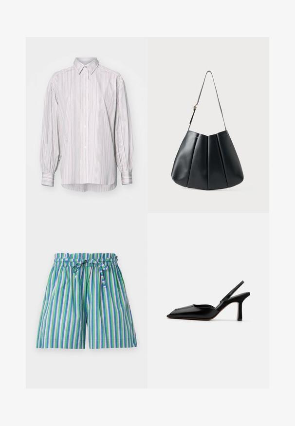 Pruhovaná košile na knoflíky v světlých barvách, s klasickým límcem, dlouhými nabíranými rukávy a mírně delším zadním lemem.; MILLE CARY - Šortky - multicoloured; Černé kožené slingback podpatky s špičatou špičkou, minimalistický design, tenký popruh kolem kotníku a štíhlý jehlový podpatek. Hladká textura.; Černá kožená kabelka přes rameno s skládacím designem, hladkým povrchem, jedním popruhem a jemným zlatým kováním.